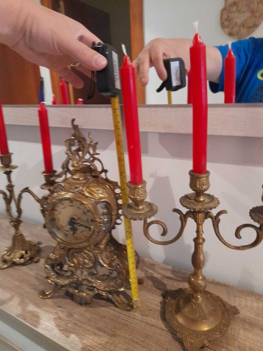 Ceas de șemineu și 2 sfesnice bronz masiv