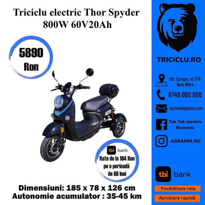 Triciclu electric Thor Spyder 800W tuk-tuk nou Agramix