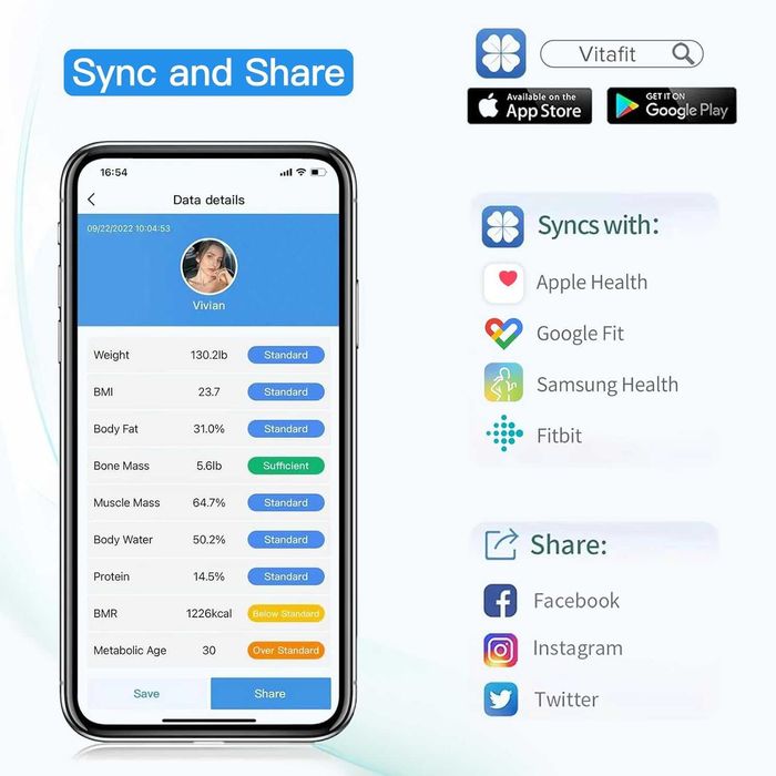 Смарт кантар Vitafit с Bluetooth измерване на мазнини