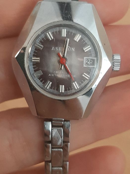 Ceas Vintage Damă Aseikon Calendar Antimagnetic, Mecanic / Manual, Brățară Metalică
