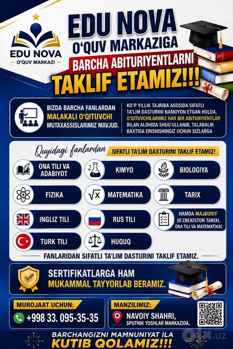 EDU NOVA oʻquv markaziga barcha abituriyentlarni taklif etamiz