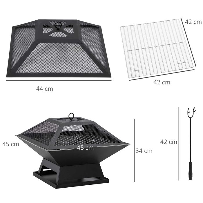Огнище Outsunny, 45 x 45 x 34 см, неръждаема стомана, огнище с решетка против искри и огнищни купи