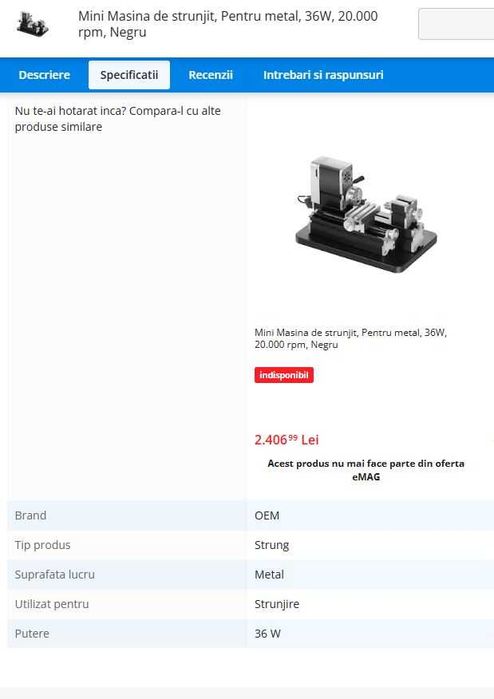 Strung mini pentru metal VEVOR 70 x 130 mm, freză 20000 rpm