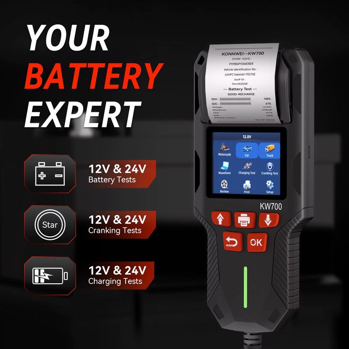 KONNWEI KW700 - Analizor / Tester BATERIE Auto 12V / 24V PROFESIONAL cu IMPRIMANTA integrata, Rating 10-2000 CCA, Capacitate 5-220 Ah - NOU / SIGILAT