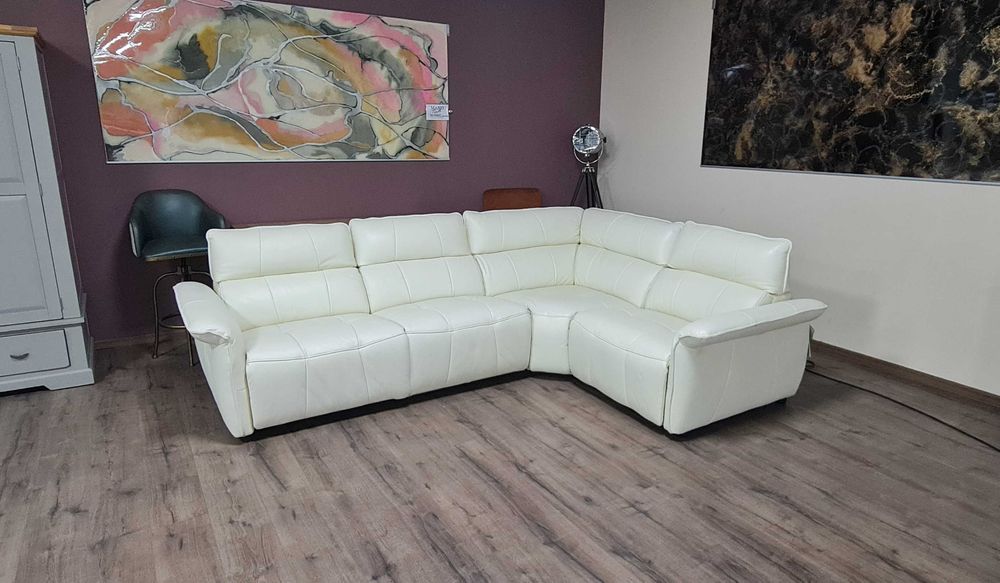 Кремав кожен ъглов диван "Cadenza" с електрически релакиращ механизъм