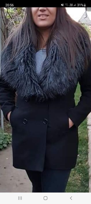 Vesta de blana lunga și palton cu blana artificiala Negru