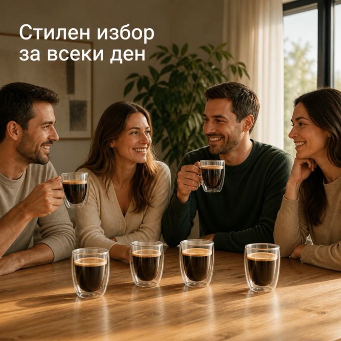 Комплект от 6 стъклени чаши с двойни стени за топли и студени напитки, 350 мл