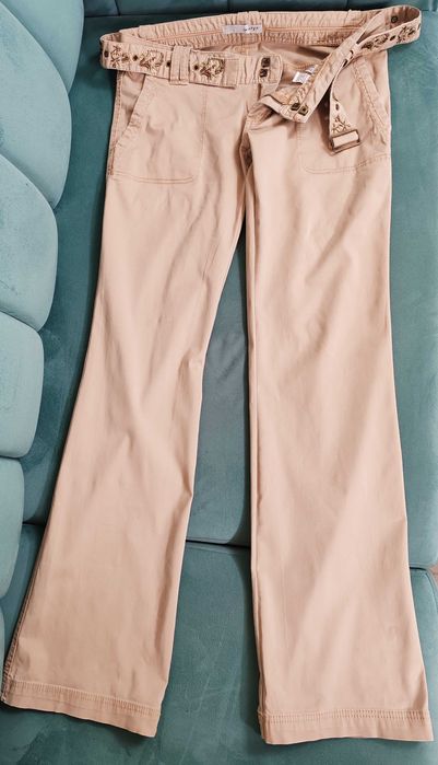 Pantaloni bej/tan cu broderii și centură textilă, feminini, casual- Zara TRF - Mărimea 40