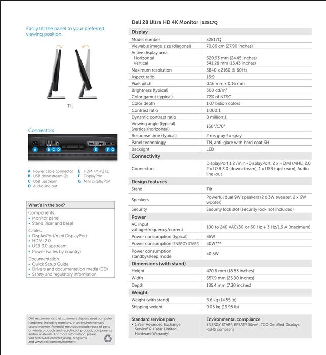 2 броя Монитор DELL Dell 28 Ultra HD 4K Monitor (S2817Qt)