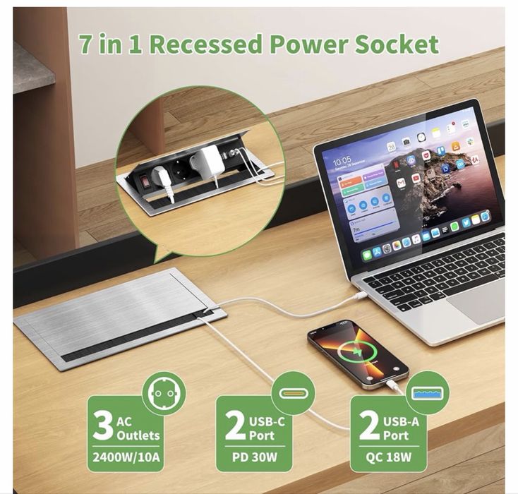 Вграден алуминиев контакт с 3 изхода, 2 USB-C PD 30W порта и 2 USB-A