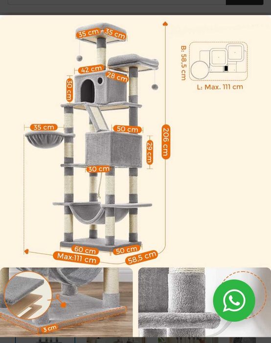 FEANDREA Ansamblu de joaca pentru pisici, SISAL 60x50x206cm, gri