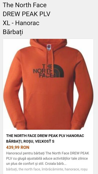 Hanorac The North Face Drew Peak 100% bumbac cu gluga, mărimea L (men)