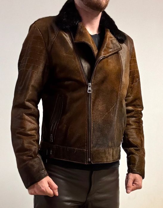 Мъжко яке от естествена кожа с косъм от пони и яка от норка