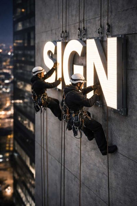 Монтаж рекламных конструкций на высоте Алматы Промышленный альпинизм