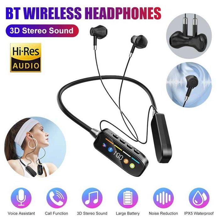 Безжични Bluetooth 5.4 стерео слушалки спорт за врат, слот за SD карта