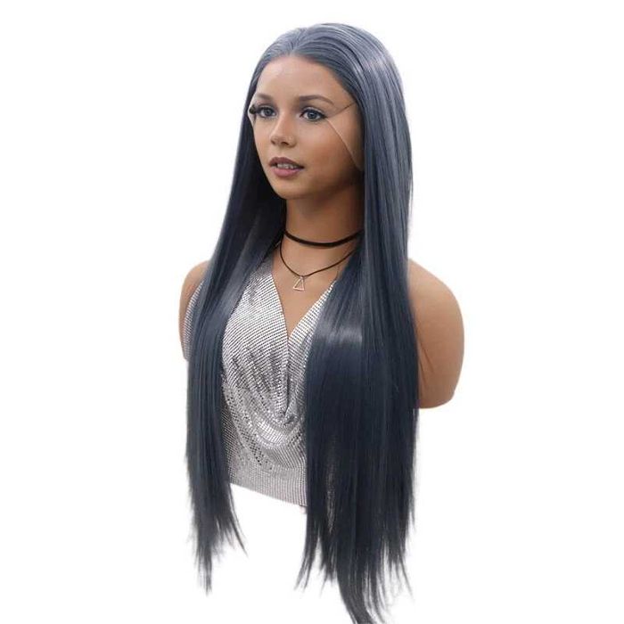 Модерна синьо-сива права перука – 80 см с лейс фронт 13×4