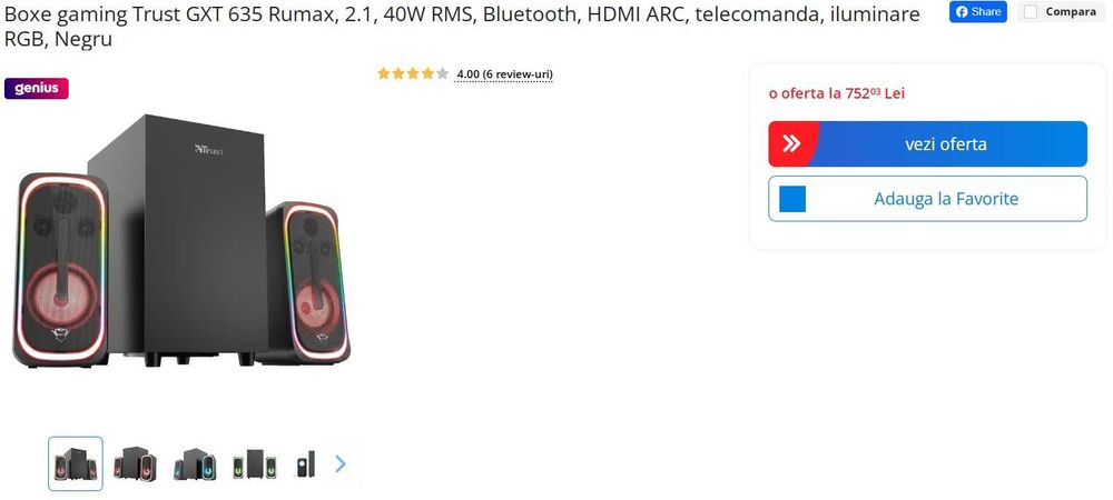 Boxe gaming Trust GXT 635 Rumax, 2.1, 40W RMS, Bluetooth RGB HDMI, noi