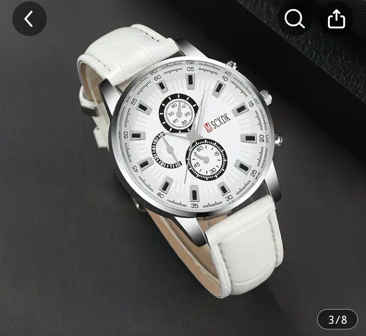 Мъжки Луксозен Моден Кръгъл Kварцов Часовник с бяла каишка