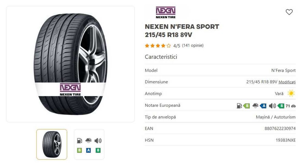 Vând 4 anvelope NOI de vară Nexen N'Fera Sport – 215/45 R18 89V