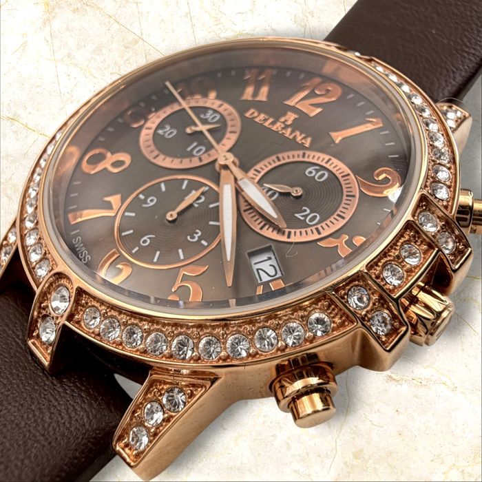Delbana Swiss Made Chronograph Rose Gold / Brown - Чисто Нов (Пълен Комплект)