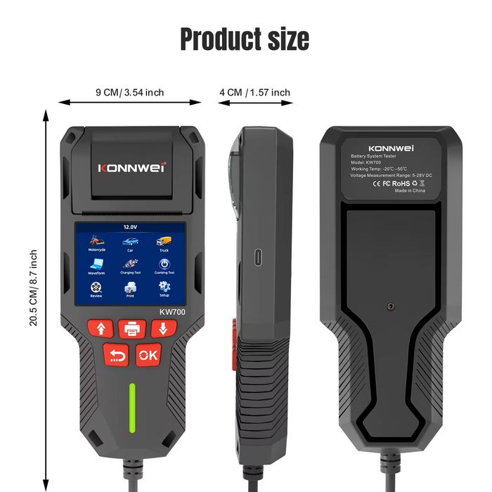 KONNWEI KW700 - Analizor / Tester BATERIE Auto 12V / 24V PROFESIONAL cu IMPRIMANTA integrata, Rating 10-2000 CCA, Capacitate 5-220 Ah - NOU / SIGILAT