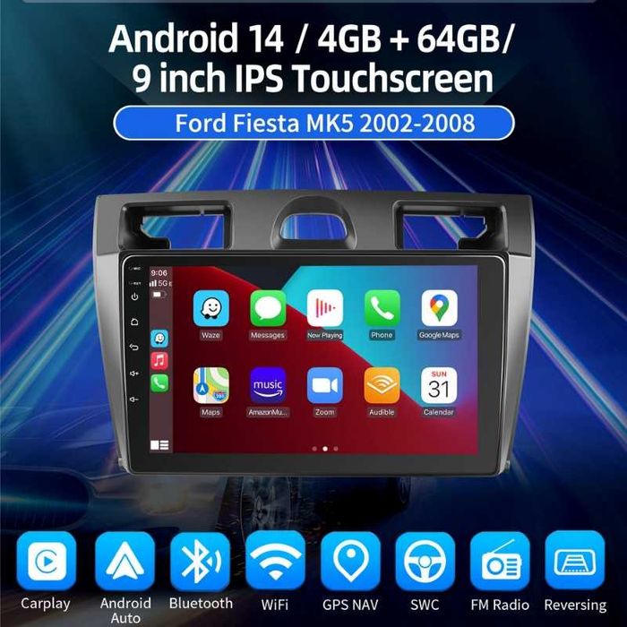 FORD Fiesta mk5 2002-2008 9” 2-DIN мултимедия с Android’15, 4GB/64GB, CarPlay и AndroidAuto