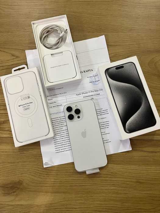 Бартер като нов iPhone 15 pro max 256gb 94% white titanium