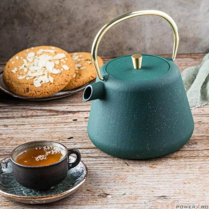Ceainic din fonta cu strecuratoare, interior emailat, 1l, verde cu