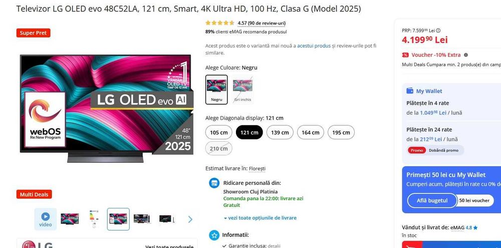 Televizor LG OLED evo 48C52LA, 121 cm, Smart, 4K Ultra HD, 100 Hz, Clasa G (Model 2025)