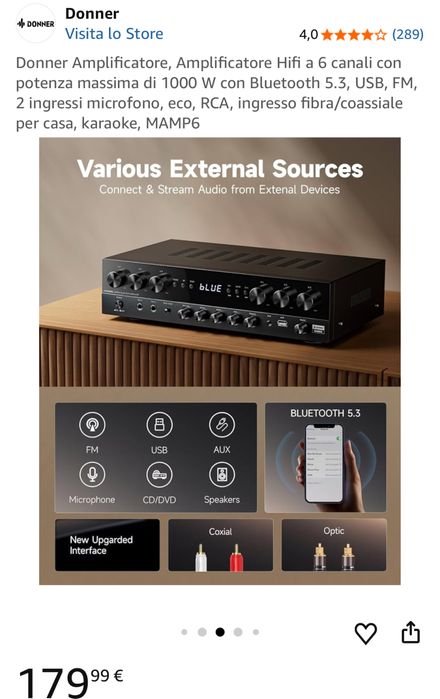 Amplificator audio Donner MAMP6, receiver stereo, karaoke, sigilat, OCAZIE, transport inclus