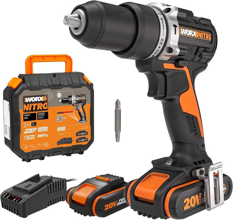 Акумулаторна Ударна Бормашина Worx WX352, Безчетков мотор, 2 батерии 20 V 2 Ah и Зарядно 2 A