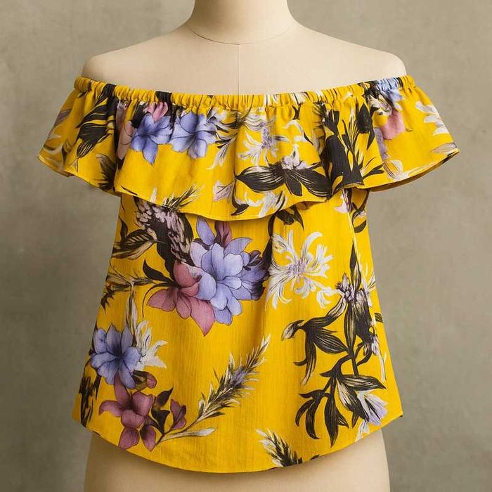 Bluza damă ICHI galben muștar cu volane, model bardot, mărime S