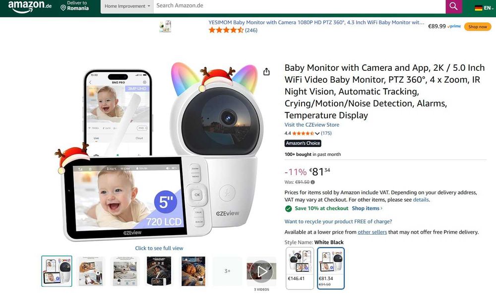 CZEview Monitor pentru bebeluși cu cameră și aplicație WiF, 360°