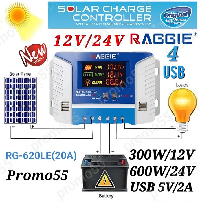 Соларен Контролер 12V/24V PWM 3 USB-2Бр. 20А/30А/60А  за Соларен Панел
