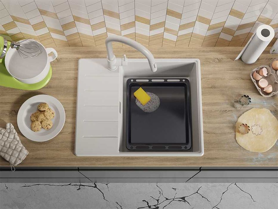 Бяла кухненска гранитна мивка Копенхаген 50 Top 620х500