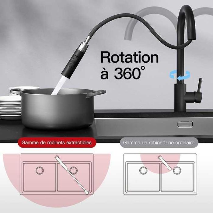 Baterie de bucatarie neagra cu dus extensibil 45 cm si 360° rotatie