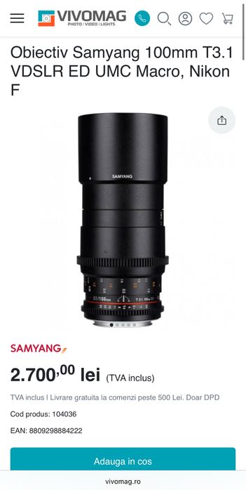 Obiectiv video Samyang 100mm T3.1 VDSLR ED UMC Nikon (nu sony,fuji,canon, mirrorless)