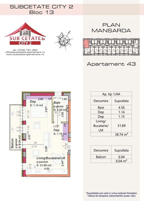 Garsonieră 38,74 mp utili + balcon | Subcetate City 2| Sanpetru-Brasov