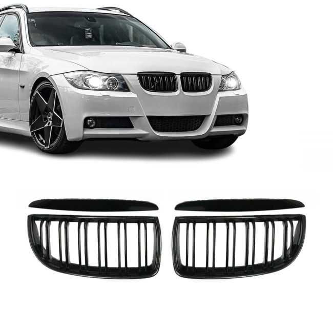 Grile Duble Nari Bara Fata Style M BMW Seria 3 E90 E91 (05-08), Negru Lucios
