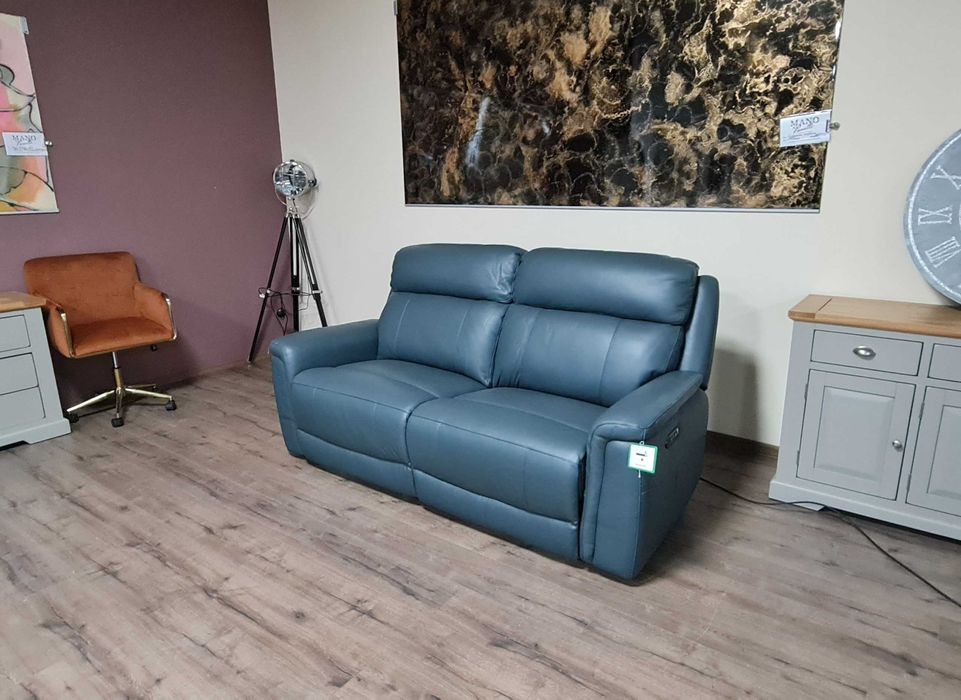 Тюркоазено син кожен диван тройка с ел. релакс механизъм La-z-boy