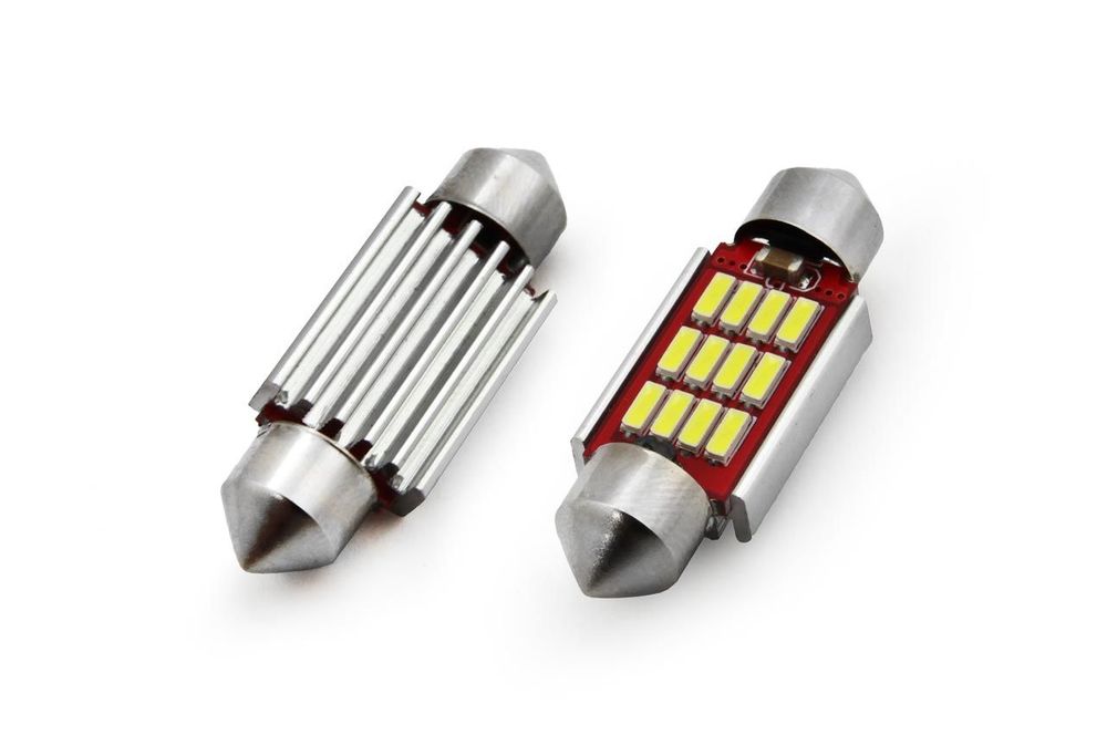 Set 2 becuri auto Amio LED, C5W SV8.5-8, 12SMD 4014, 2.9W, 39mm, Canbus, 12-24V, leduri alb sofit Festoon
