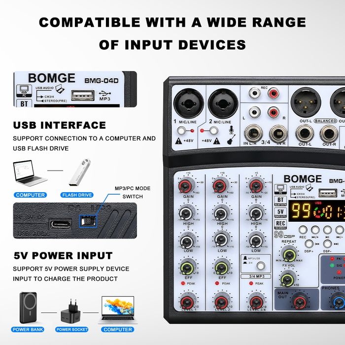 Смесителен пулт BMG-04D DSP99 UPGRADE, DJ Mixer, Bluetooth, USB Player