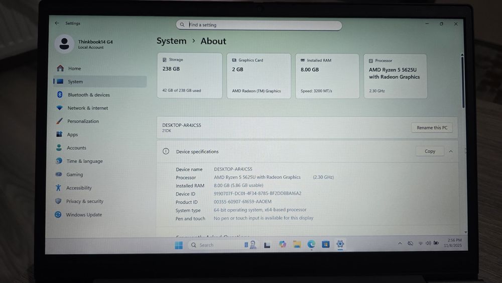 Laptop Lenovo Thinkbook 14 gen4, ryzen5, 14,1,256 gb ssd, video 2gb