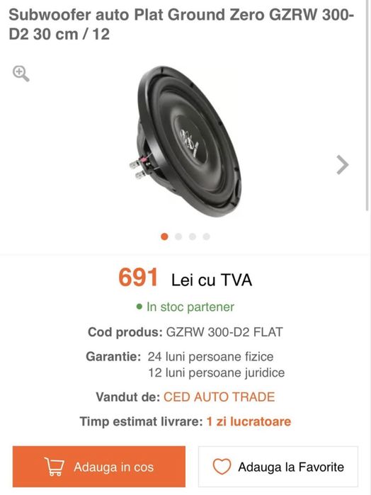 Subwoofer auto Plat Ground Zero GZRW 300-D2 30 cm/12