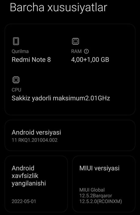 Redmi Note 8 
Xotira: 64 GB 
RAM 4+1 GB
IME 2 ta SIM 

Maʼlumot uchun: