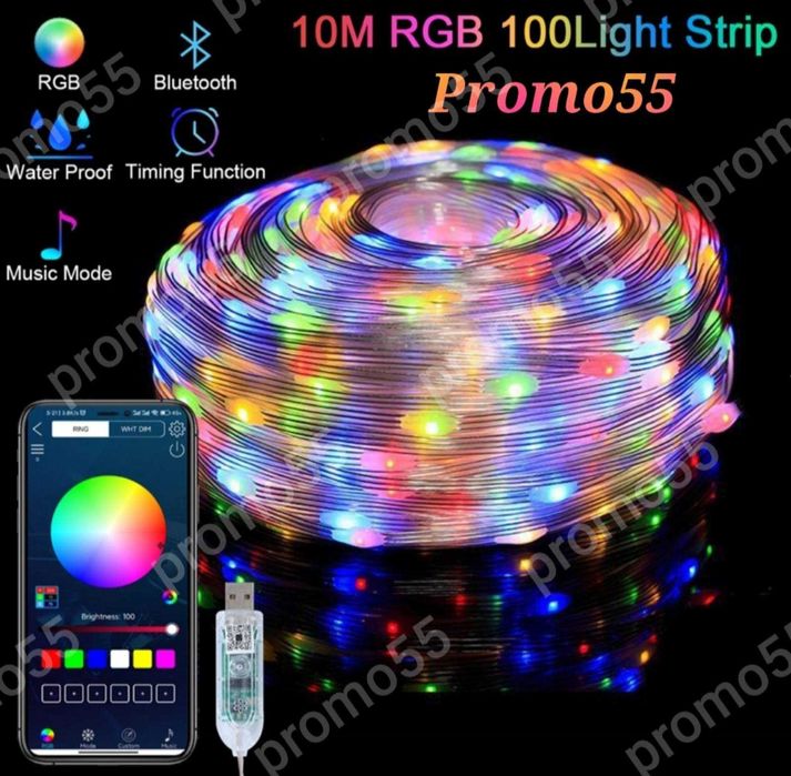 Коледни Лампички за Елха и Декорация 10м. с Дистанционно, Блутут, RGB