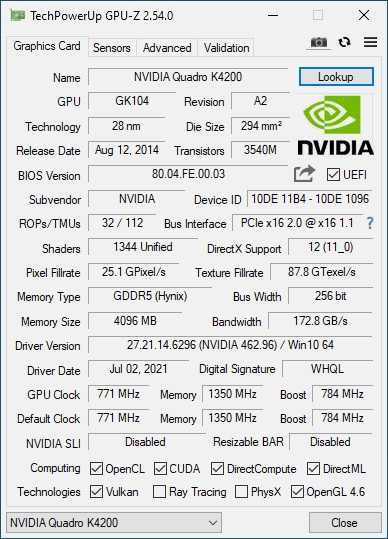 видеокарта Nvidia Quadro K4200, 256-bit, 4GB GDDR5, 1344 Cuda