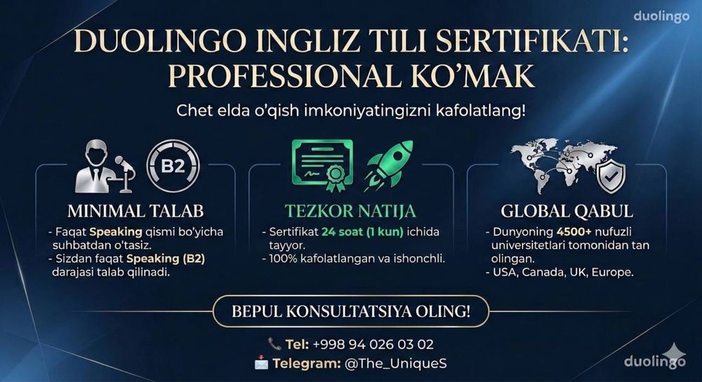 Duolingo, TOEFL, ingliz tili sertifikati