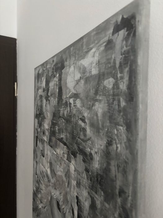 Tablou pictat de mana cal alb-negru gri