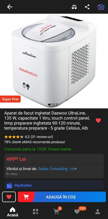 Aparat inghetata cu compresor Daewoo Ultraline 135W